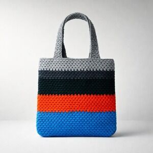 Handmade Crochet Colorblock Tote Bag Grey Green Orange Blue Striped Knit Pockets